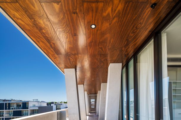 Austral Plywoods Connectaply used in apartment balcony soffits.